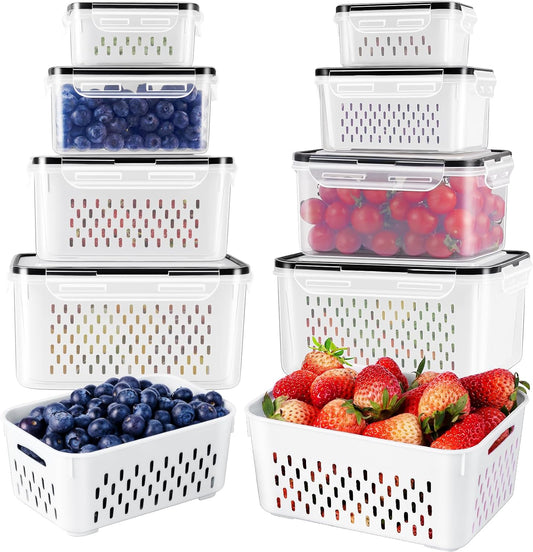 4 PCS Fruit Storage Containers for Fridge with Removable Colander, Airtight Food Storage Container