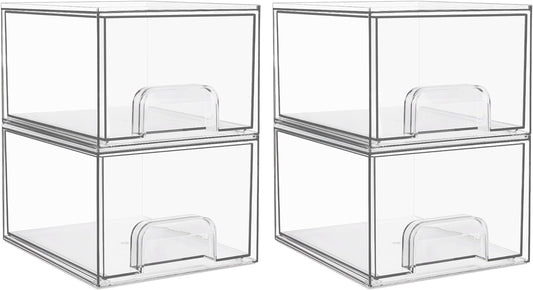 4 Pack Clear Stackable Storage Drawers, 4.4'' Tall Acrylic Bathroom Makeup Organizer